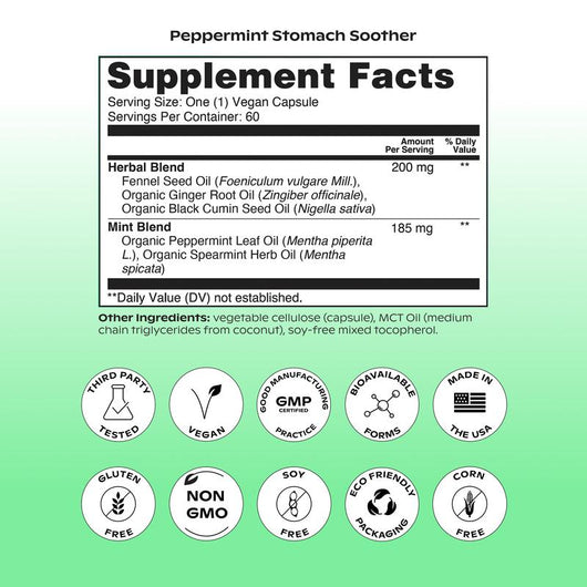 Peppermint Stomach Soother for Bloating - 100% All-Natural Essential Peppermint Oil Softgels